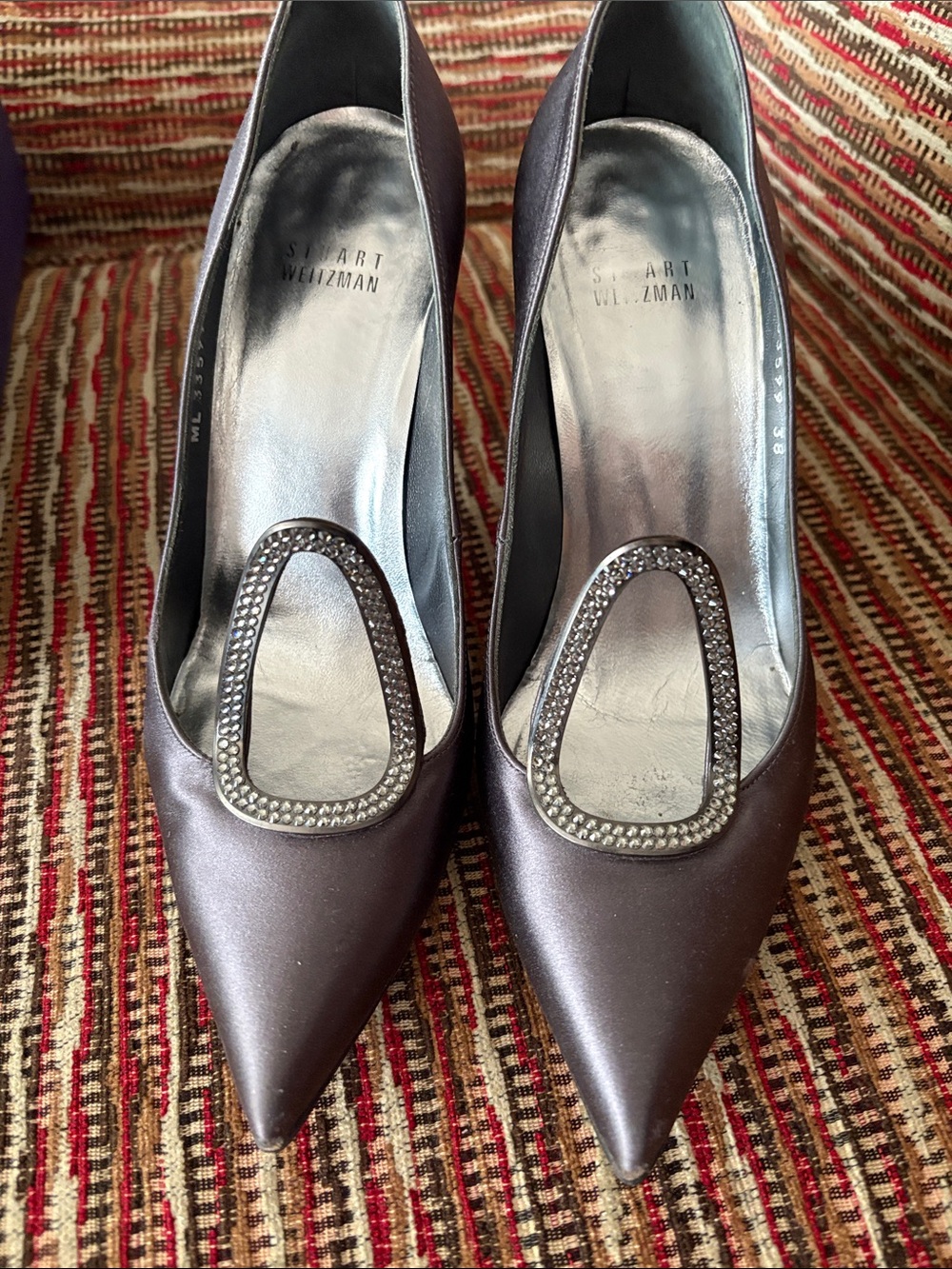 Stuart Weitzman Pewter Pointed Toe Crystal-Trim Pumps
